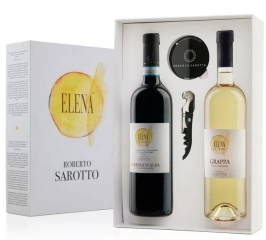 Roberto Sarotto's Elena Geschenkspackung
<br />je 1 Flasche Barbera d'Alba Elena (75cl) und Grappa Elena (70cl), 
<br />inkl. Drop-Stop und Korkenzieher